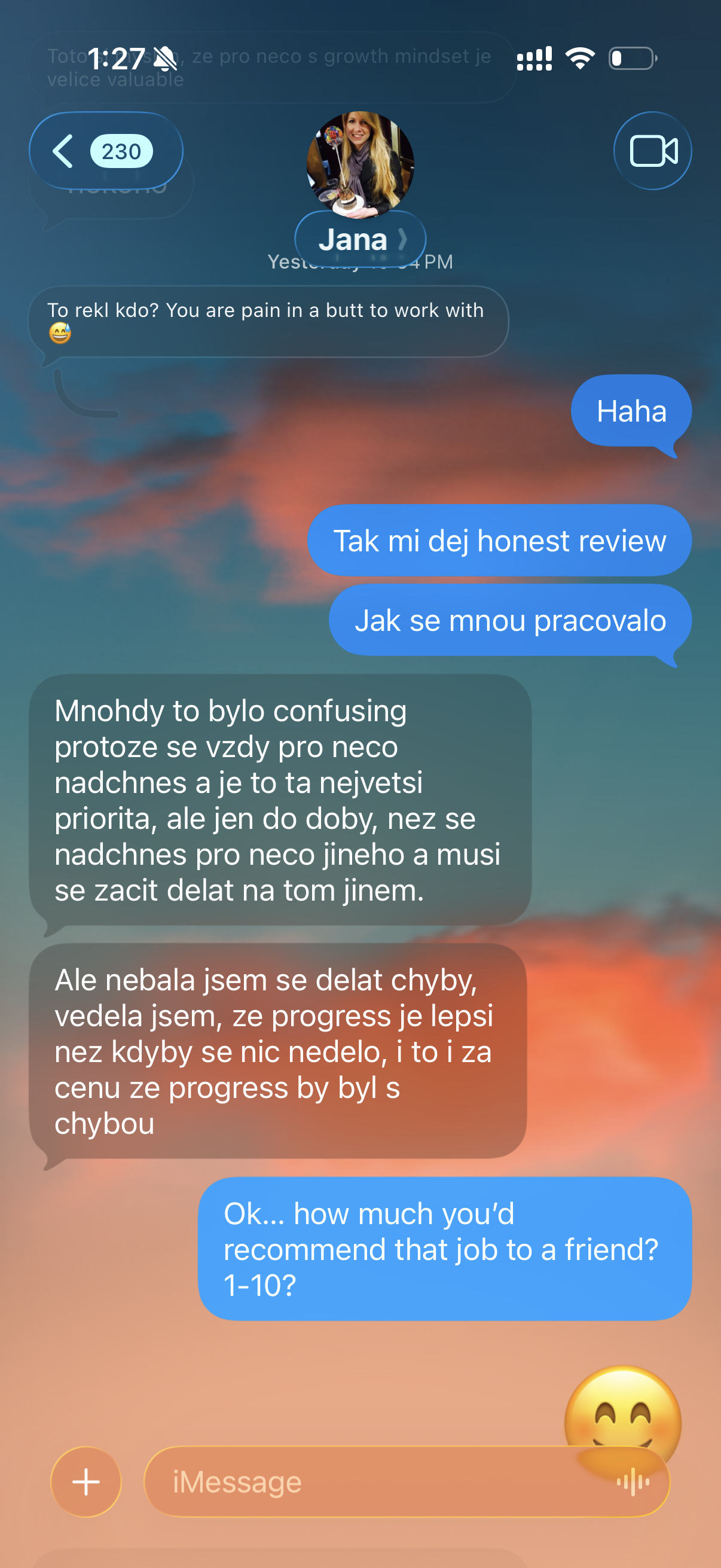 iMessage conversation with Jana, part 1